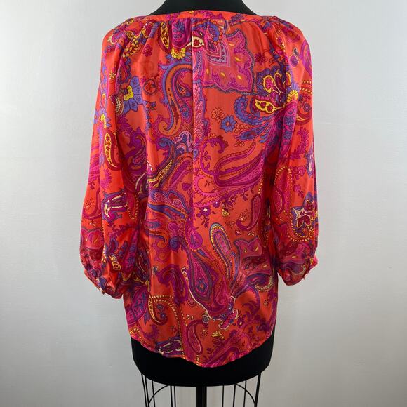 Lauren Ralph Lauren Pink Orange Multi Paisley Silk 3/4 Sleeve Blouse Colorful PS - Picture 5 of 9
